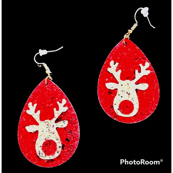Rudolph Reindeer Earrings Christmas Handmade Whimsical Hooks Glitter Acc… - Picture 2 of 11